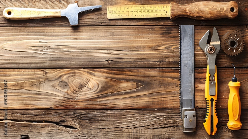 Poster Neatly arranged construction tools including a saw measuring tape and a utility knife Stock Photo with copy space