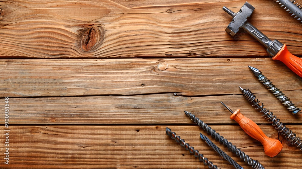 Poster flat lay showcasing a drill bit set safety glasses and a set of nails and screws stock photo with co
