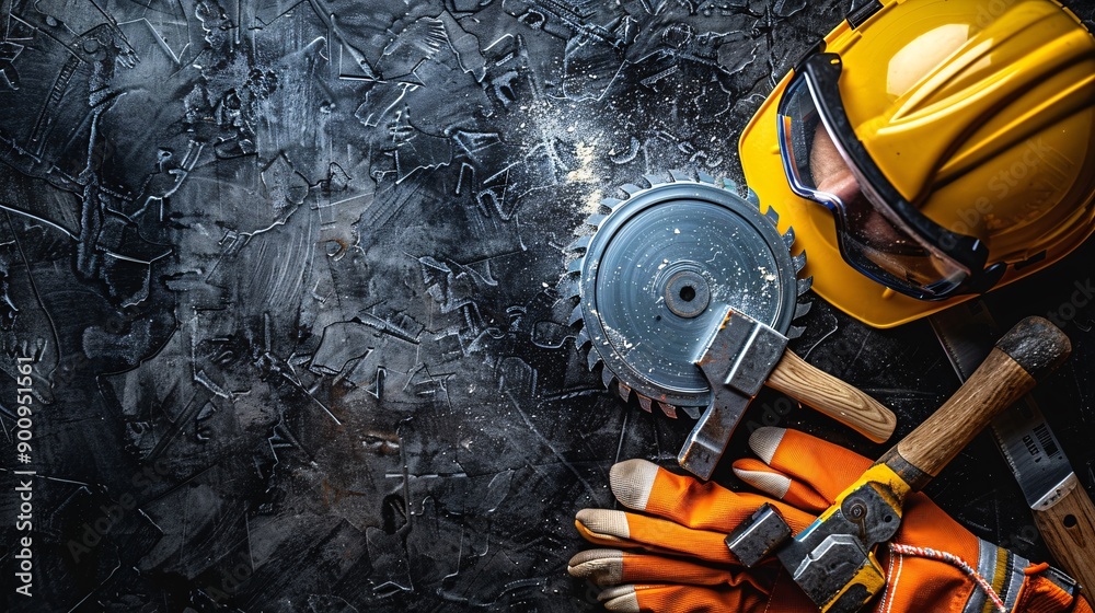 Poster comprehensive flat lay featuring a circular saw hammer and a set of safety equipment stock photo wit