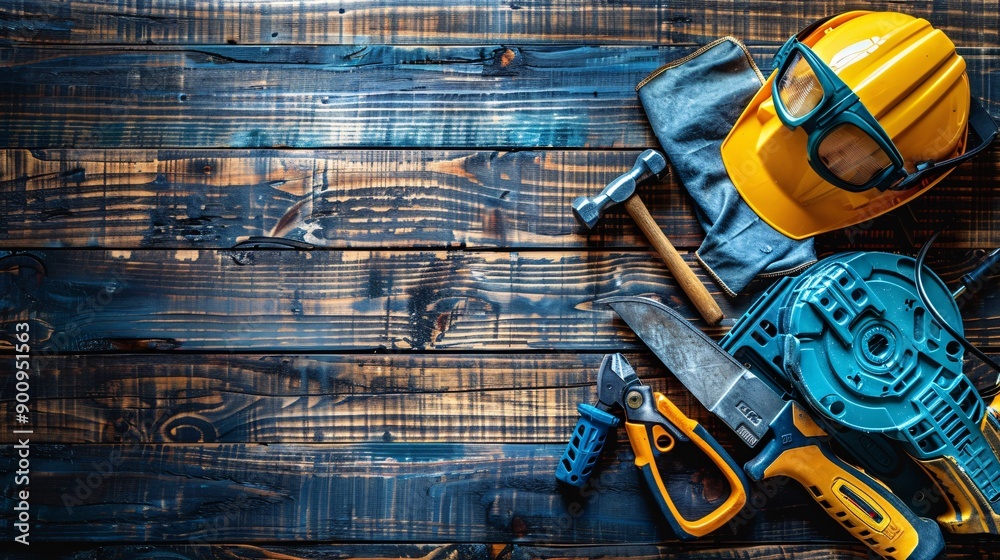 Poster comprehensive flat lay featuring a circular saw hammer and a set of safety equipment stock photo wit