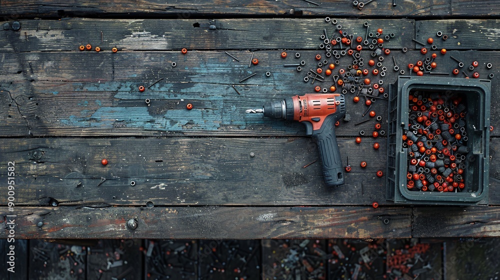 Poster tools and materials for construction work including a power drill level and a box of screws stock ph