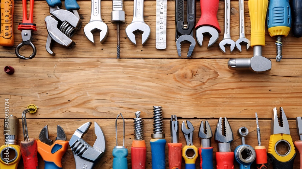 Aufkleber a flat lay of essential construction tools like hammers wrenches and pliers with various screws and 