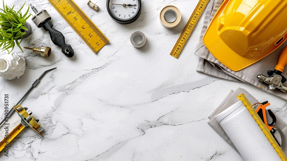 Poster comprehensive flat lay featuring a spirit level measuring tape and various construction components s