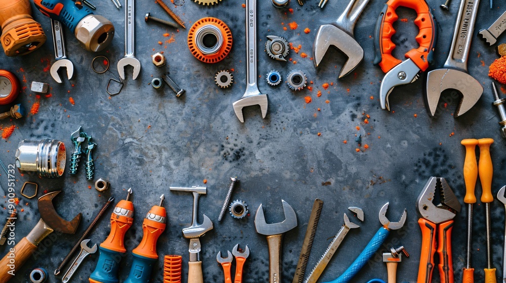 Poster a flat lay of essential construction tools like hammers wrenches and pliers with various screws and 