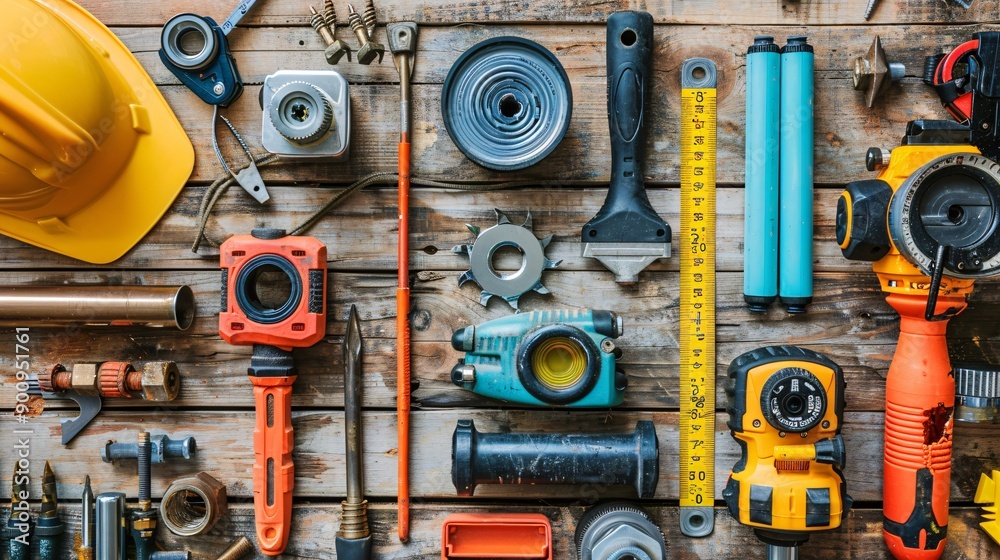 Poster comprehensive flat lay featuring a spirit level measuring tape and various construction components s