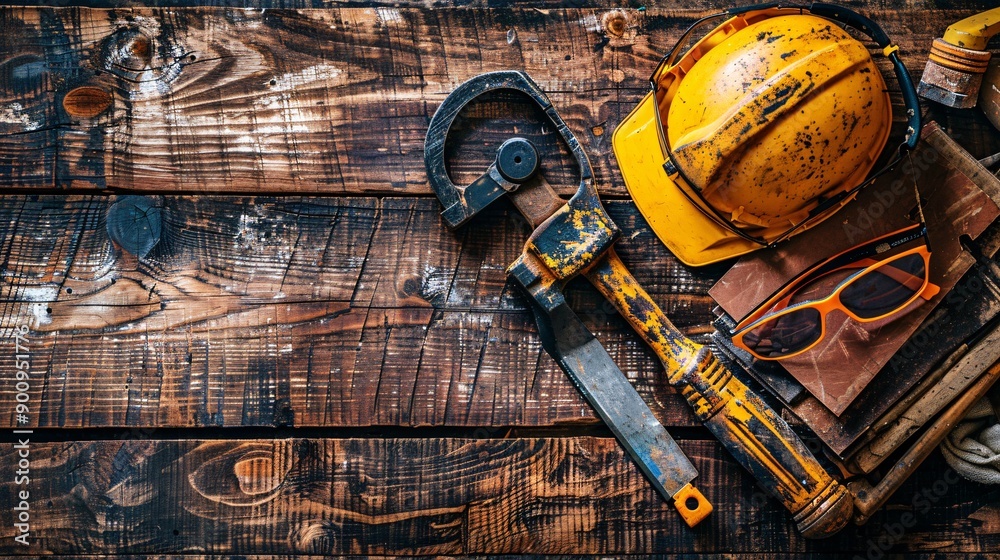 Poster top view of construction work essentials including a circular saw hammer and a selection of safety g