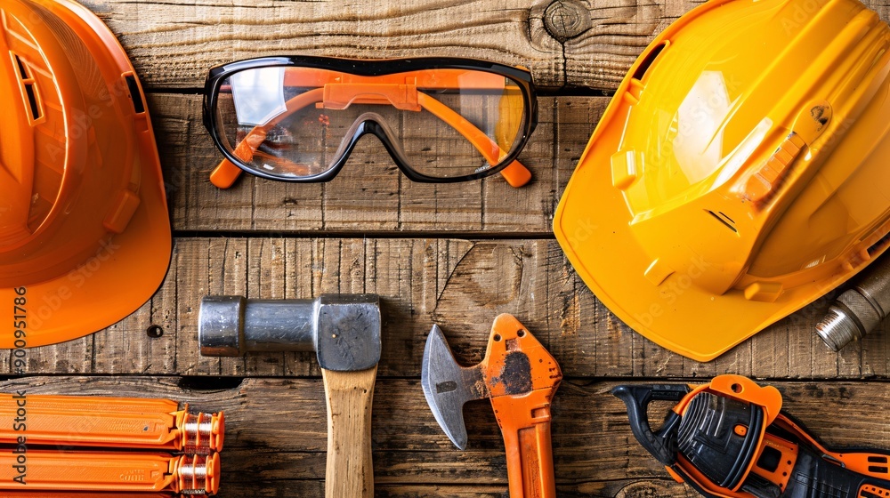 Poster top view of construction work essentials including a circular saw hammer and a selection of safety g