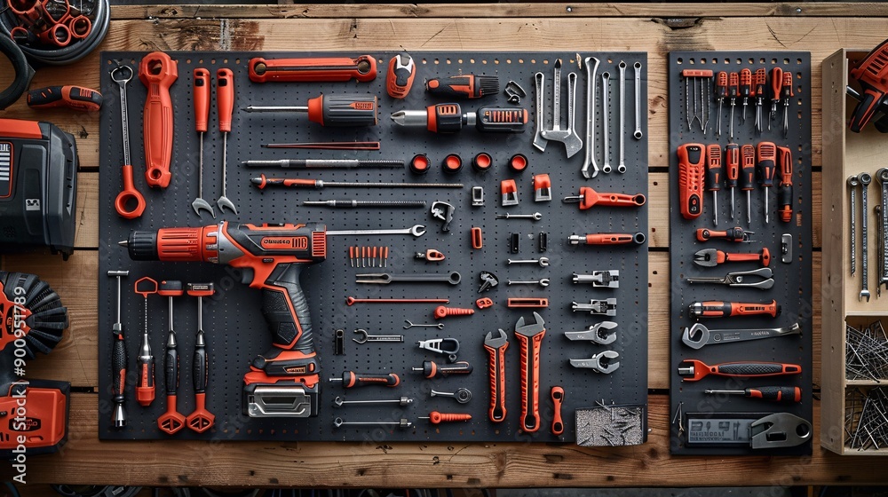Poster flat lay arrangement of tools and materials for construction work such as a power drill saw and a va