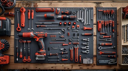 Flat lay arrangement of tools and materials for construction work such as a power drill saw and a variety of screws and nails Stock Photo with copy space