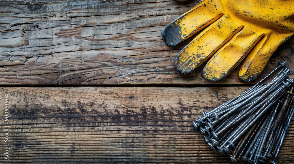 Poster flat lay featuring a variety of construction components like nails screws and a set of safety gloves