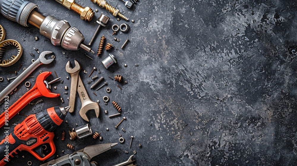Aufkleber neatly arranged flat lay of construction tools including a power drill saw and various screws and na