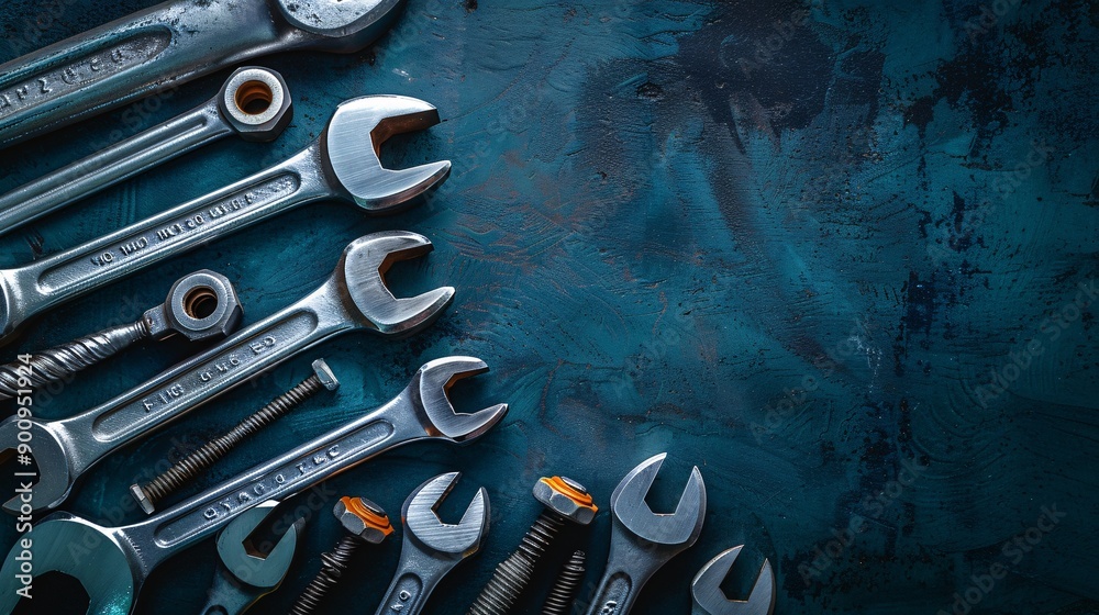 Poster A comprehensive flat lay of essential construction tools like hammers wrenches and pliers with various screws and nails Stock Photo with copy space