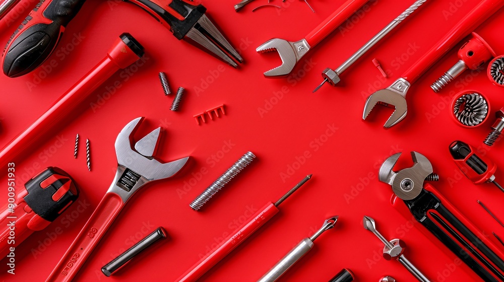 Poster A comprehensive flat lay of essential construction tools like hammers wrenches and pliers with various screws and nails Stock Photo with copy space
