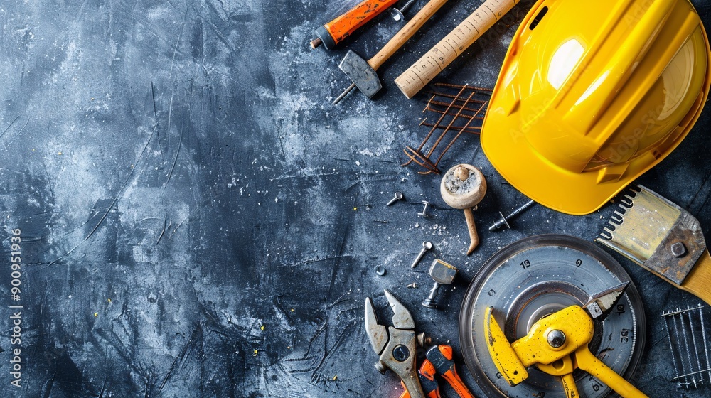 Poster top view of construction equipment including a circular saw hammer and various screws and nails stoc