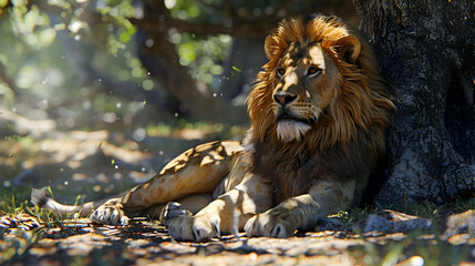 Obraz premium Majestic lion resting in the shade of a tree, basking in the sunlight, with soft bokeh effect.