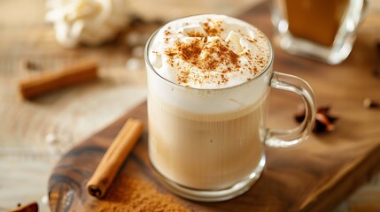Spiced Latte with Whipped Cream and Cinnamon Sticks