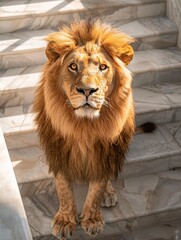 Naklejka premium Majestic lion standing on stairs, showcasing its powerful presence and captivating gaze.