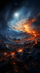 Fototapeta premium A fiery, otherworldly landscape with glowing rocks and a bright star in the distance, a stunning cosmic vista.