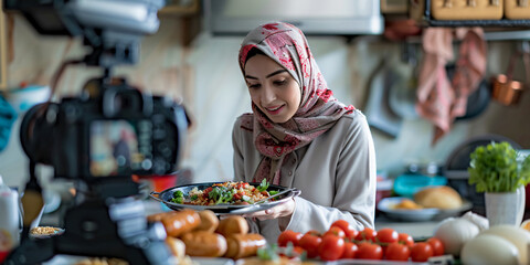 asian woman in a headscarf holds a plate of food while filming a cooking show in her kitchen