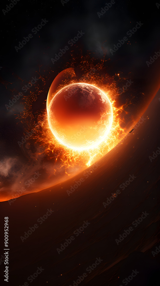 Wall mural a fiery explosion erupts from a planet in space, creating a glowing ring of light and debris.