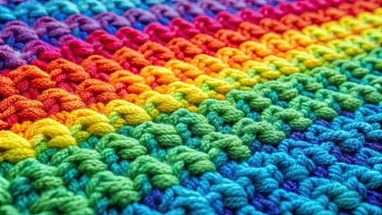 Close-up of a vibrant, handcrafted crochet fabric with a rainbow color gradient , crochet, fabric, handcrafted