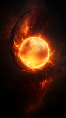 A fiery orb glows in the darkness of space, surrounded by flames and a shadowy silhouette.