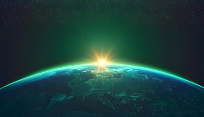 Fototapeta premium Space scene. Green nebula with planet