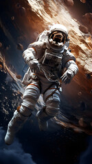 Fototapeta premium An astronaut floats in space, seemingly weightless, with a distant planet visible in the background. 