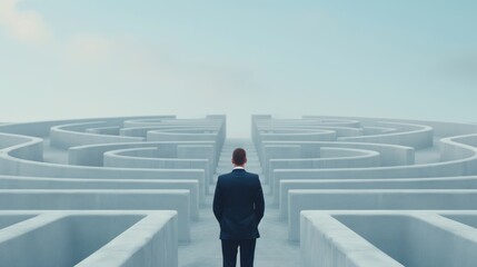 Business man standing In front of maze to finding success of business.