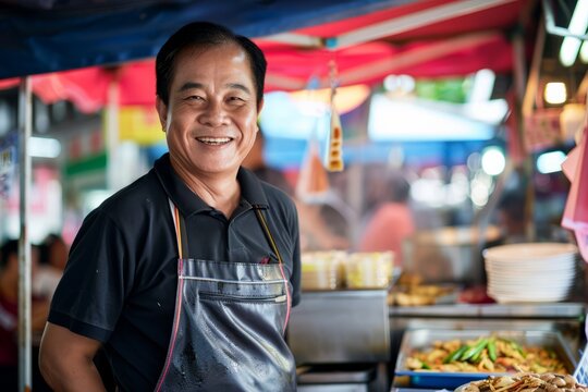 Portrait of an Asian FnB business owner at a food stall, Generative AI