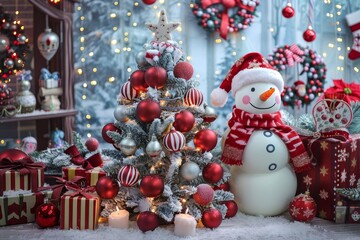 A charming snowman figurine with a red scarf and hat, standing next to a beautifully decorated Christmas tree with gifts and candles.