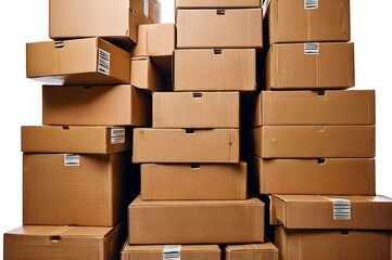 A neatly stacked pile of cardboard boxes on a plain background, symbolizing moving or storage organization.