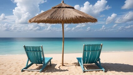 A serene beach scene featuring two lounge chairs and a straw umbrella under a clear blue sky. Perfect for themes of relaxation, vacation, and tropical destinations.