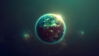 Obraz premium Space scene. Green nebula with planet