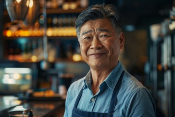 Obraz premium Portrait of an Asian FnB business owner in a busy restaurant, Generative AI