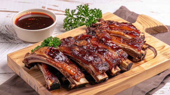Delicious BBQ ribs served on a wooden platter with parsley garnish. Perfect for food enthusiasts and culinary photography.