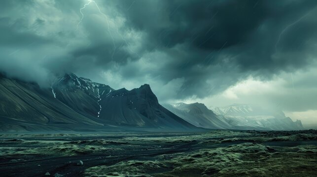 Stormy scene in Iceland with windbag and dark mountains, concept of business creativity and resilience