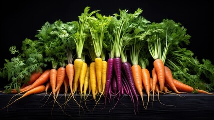 A dark background contrasts with a row of assorted carrots in shades of orange, yellow, and purple. The arrangement is designed to showcase the natural beauty and variety of the carrots