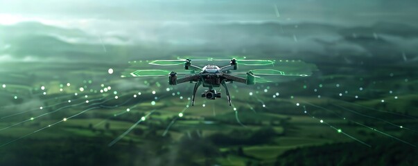 Naklejka premium A drone flying over lush green fields, surrounded by digital data points and futuristic technology integrations in a misty morning setting.
