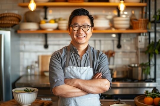 Portrait of an Asian FnB business owner in the kitchen, Generative AI