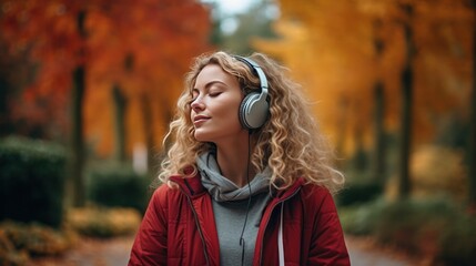 A woman practicing mindfulness stands outside on a paved path surrounded by autumn leaves. She wears a pair of headphones and is deeply involved in a breathing exercise, 