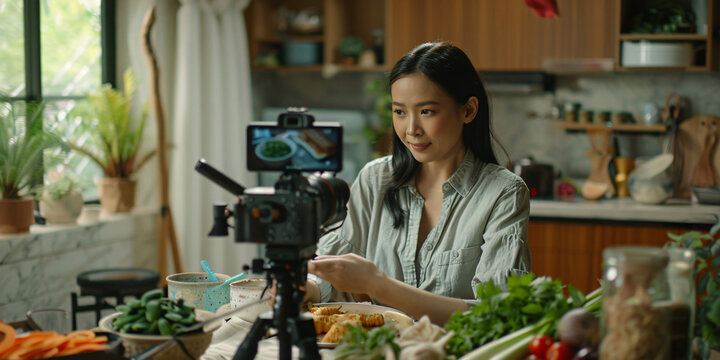 asian woman is cooking in her kitchen while filming a recipe video for her online audience