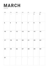 Template design of Monthly Calendar on March 2025. Vector layout grid of calendar with week start Monday. Page for size A4 -21x29.7 cm.