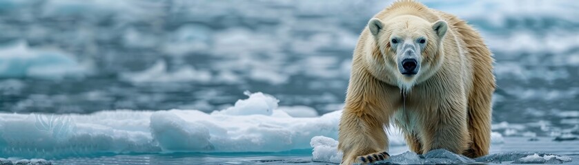Fototapeta premium Majestic Polar Bear Standing on Ice Floe in Arctic Waters with Snowy Background