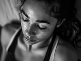 Naklejka premium A black and white photo of a woman with her eyes closed, suitable for use in meditation or spirituality contexts