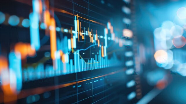 Close-up of a digital stock market chart showcasing data analysis, trends, and fluctuations in a high-tech financial environment.
