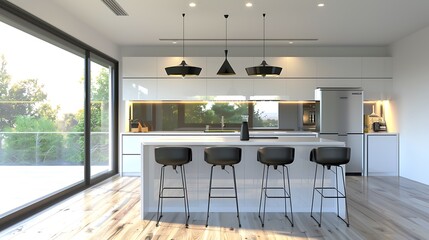 Modern Kitchen Interior Design with Island and Bar Stools