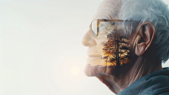 Double exposure of an elderly man wearing glasses with a reflection of trees and sunset, symbolizing nature and wisdom.