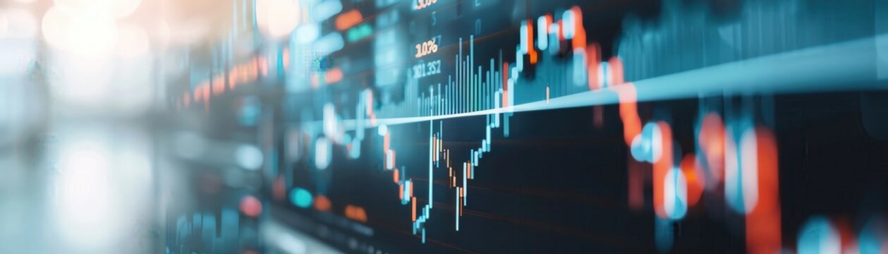 Financial stock market graph display with blurry background. Concept of trading, investment, economy, and market fluctuation. Horizontal image.