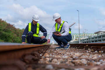 engineer sitting on railway inspection. construction worker on railways. Engineer work on railway. rail, engineer, Infrastructure	

